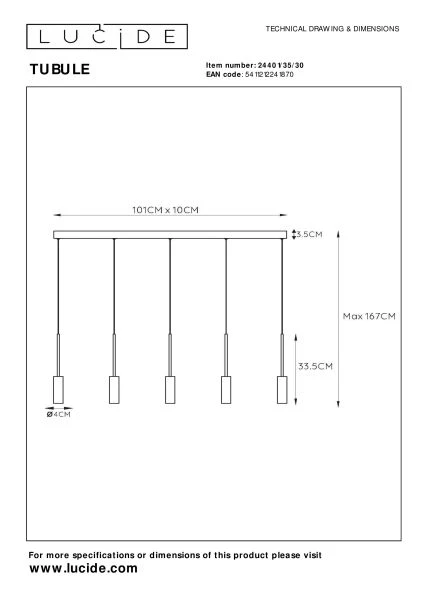 Lucide TUBULE - Suspension - LED - 5x7W 2700K - Noir - TECHNISCH